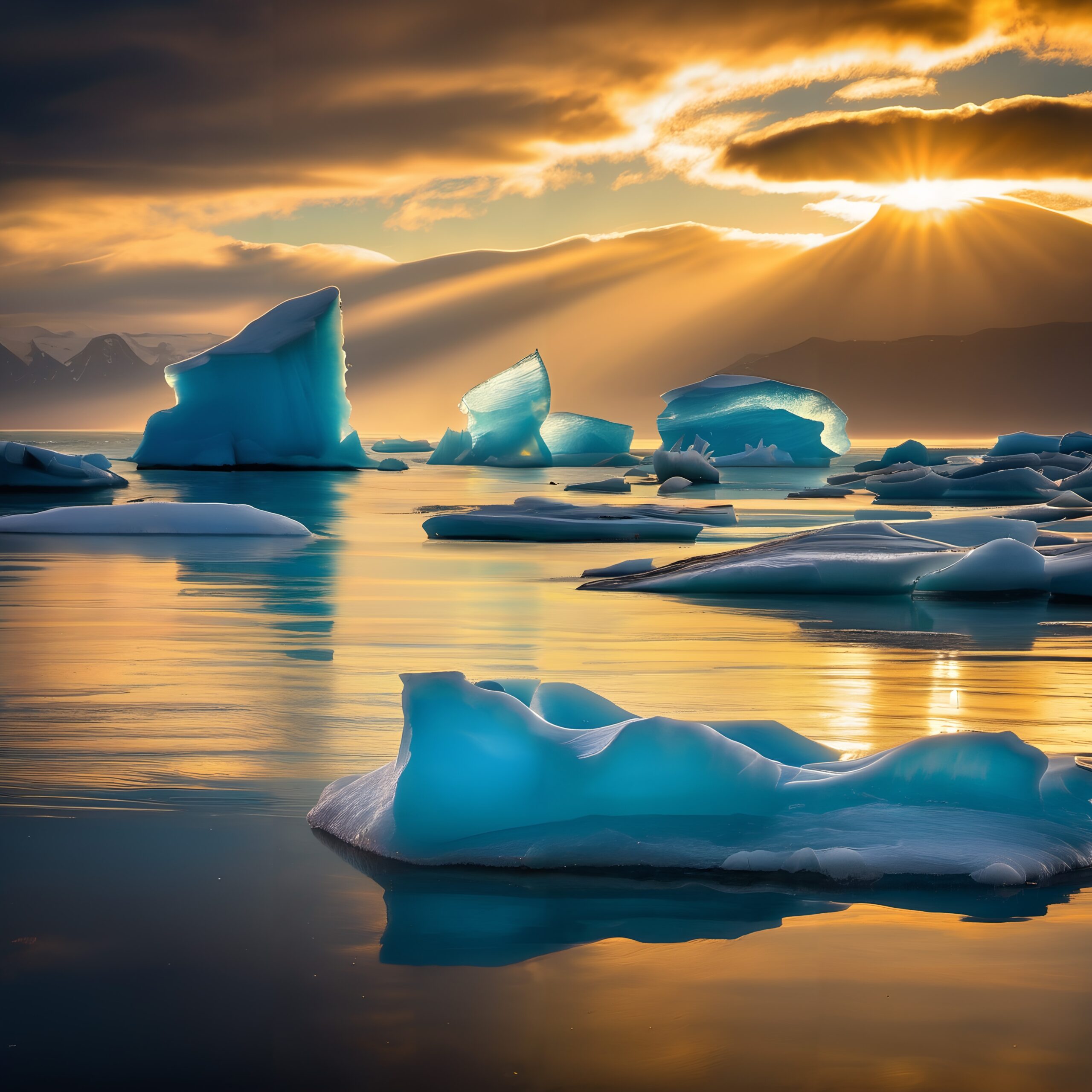 Sunlit Icebergs in Tranquil Waters