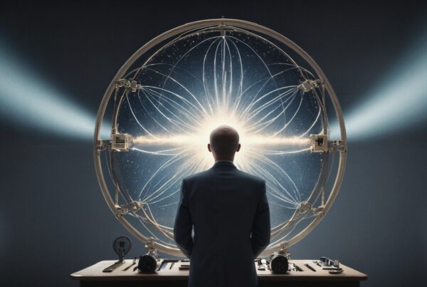 A man observes a glowing device, resembling a futuristic scientific instrument, in a dimly lit setting.