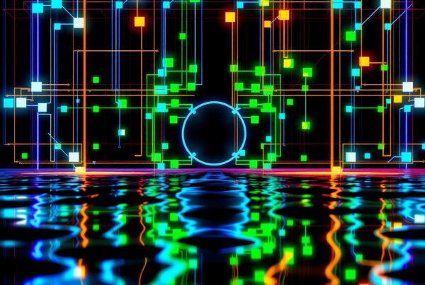 A futuristic digital cityscape with neon lights reflecting on water.