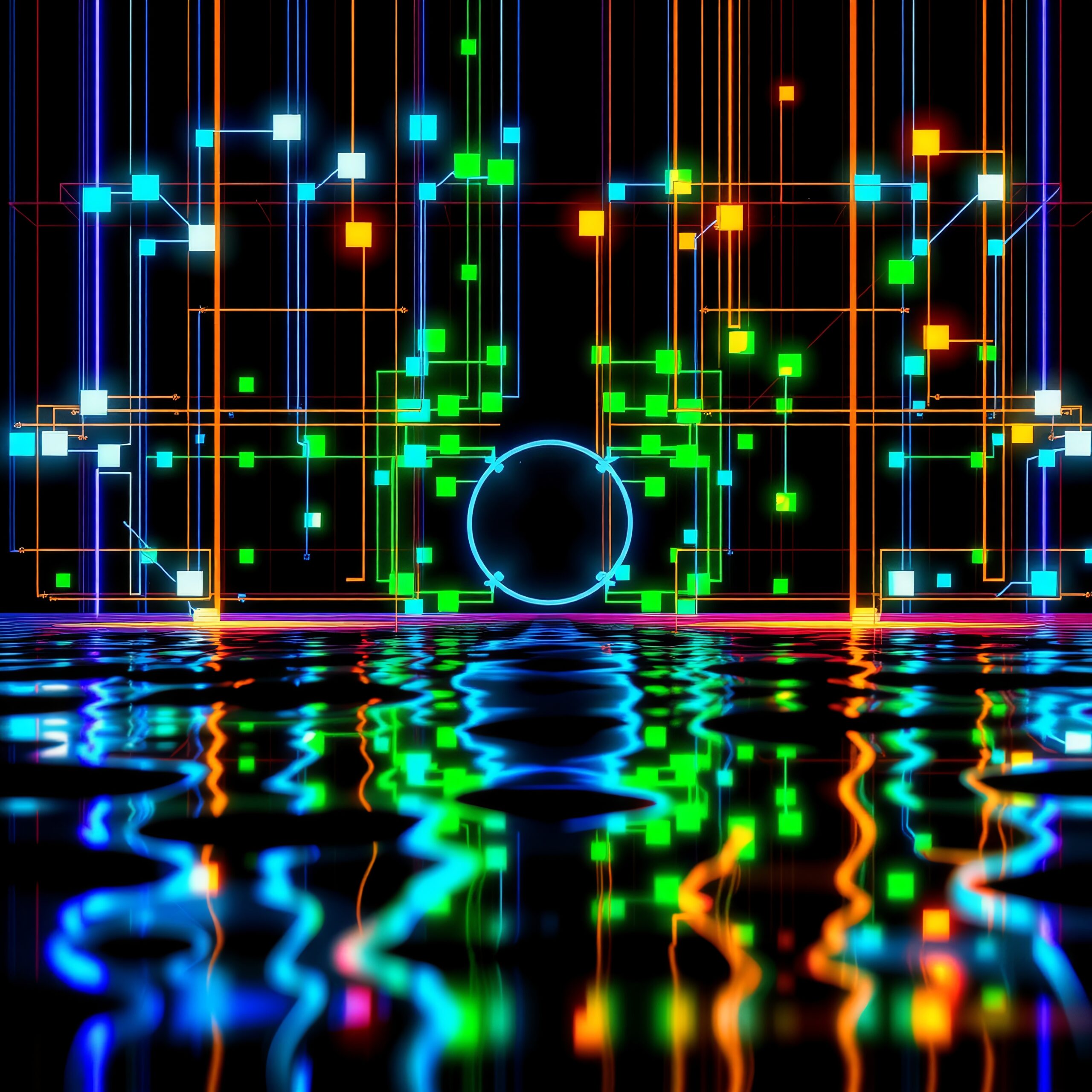 Neon Lights Reflect on Water
