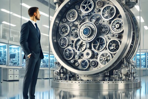 A man in a suit observes a large, complex gear mechanism in an advanced laboratory setting.