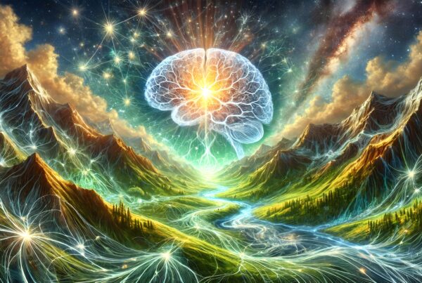 A surreal landscape with a glowing brain above mountains and a river.