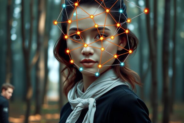 A woman with a digital face recognition overlay stands in a forest, embodying a fusion of nature and technology.