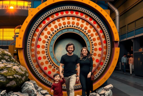 A family walks past a futuristic, industrial machine with vibrant patterns in a warm-lit setting.