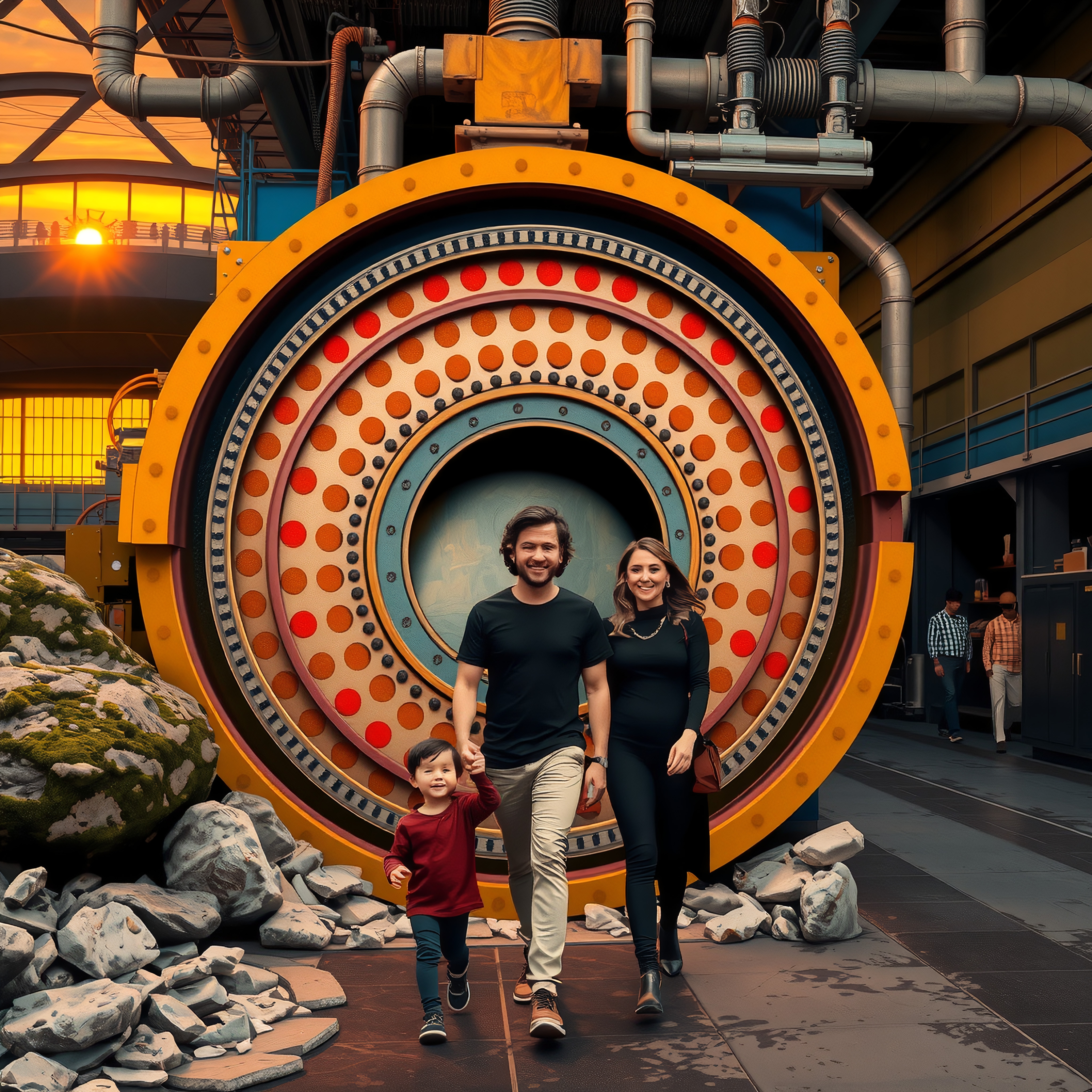 Family Walking By Futuristic Machine