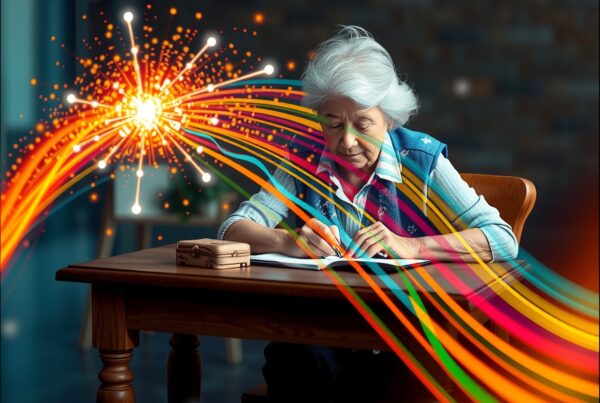 An elderly woman writes while surrounded by vibrant, multicolored light trails symbolizing creativity and inspiration in a calm setting.