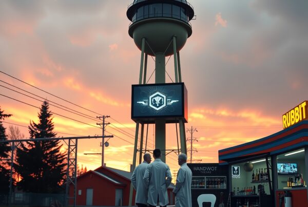 Three people in lab coats stand by a water tower with a digital screen during a sunset, blending modern and natural elements.