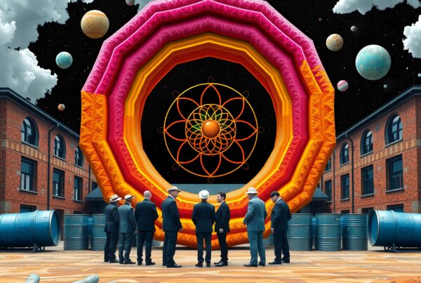 A group of people in suits observing a colorful, surreal portal with celestial bodies in the sky.