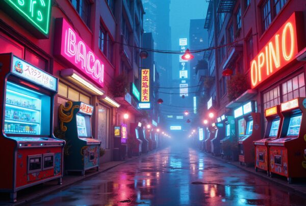 A vibrant neon-lit alleyway in a misty cyberpunk cityscape with vending machines and colorful signage.
