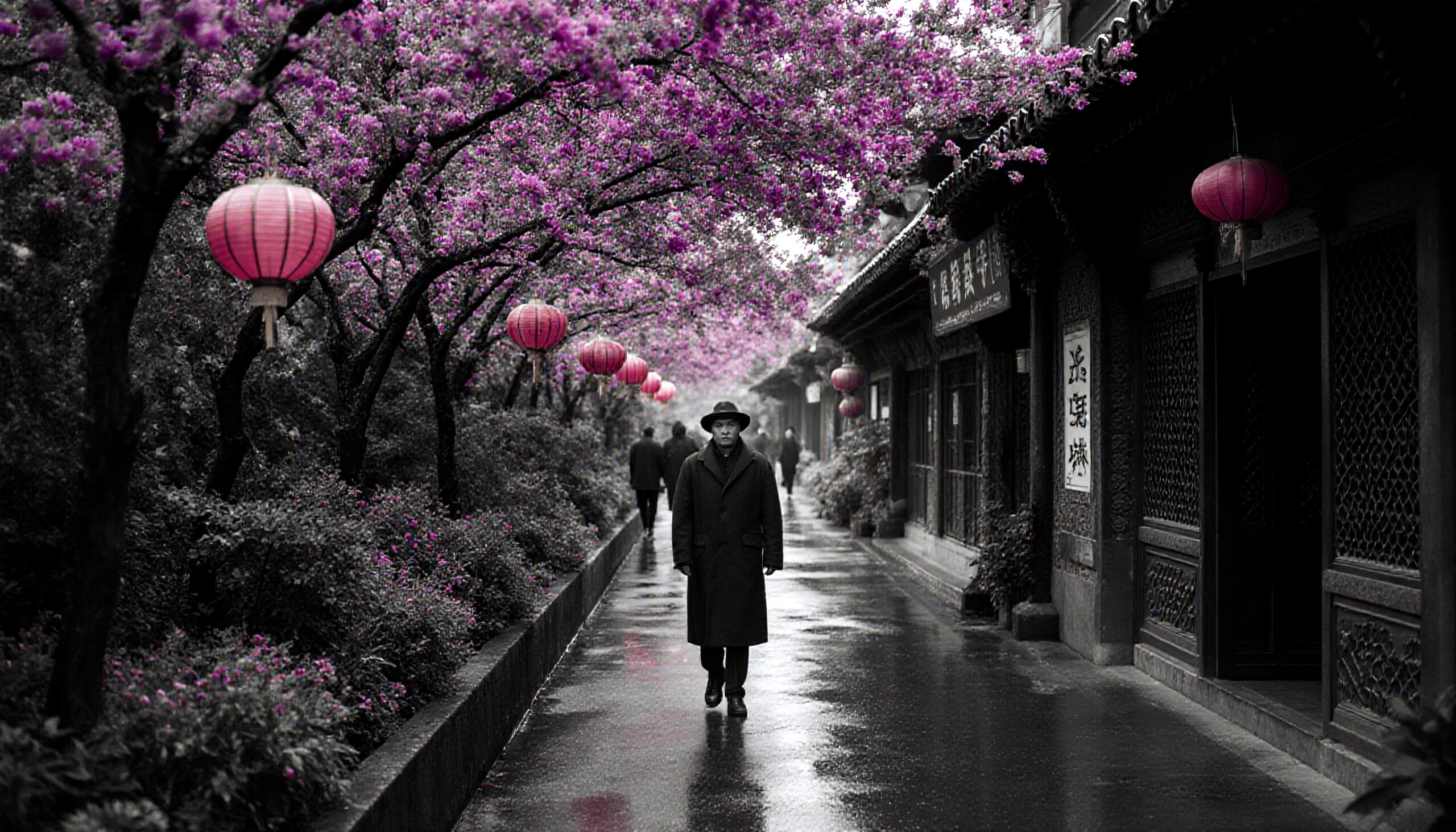 Cherry Blossoms Amidst Urban Rain