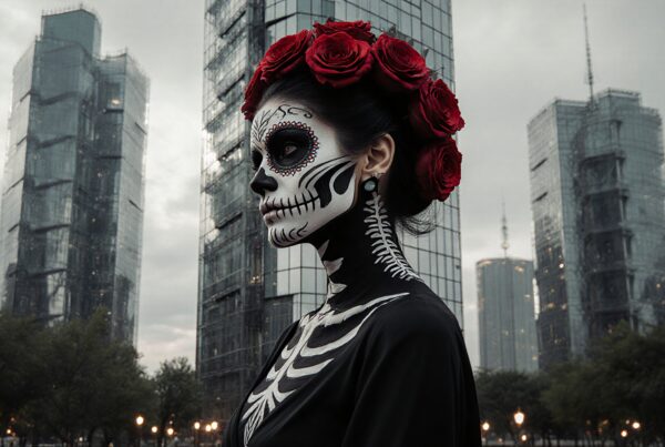 A woman in Day of the Dead makeup, with red roses, stands before urban skyscrapers.
