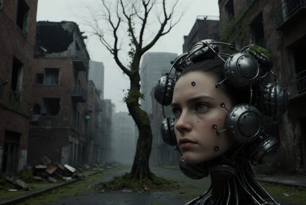 A woman with mechanical headgear stands in an abandoned city.