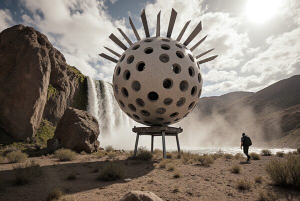 A lone traveler approaches a futuristic spherical sculpture near a waterfall.