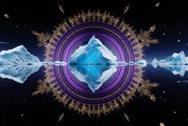 Digital artwork of icebergs with cosmic mandala symmetry in a starry sky.
