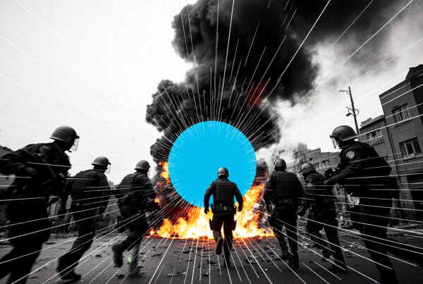 Dynamic urban scene with police officers running towards fire, blue circle artfully placed, conveying tension and chaos.