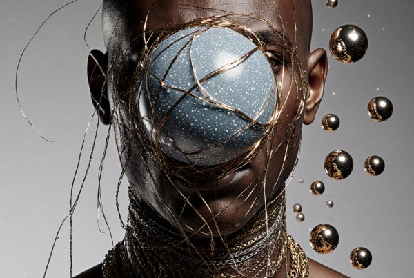 A surreal portrait with metallic spheres and golden wires.