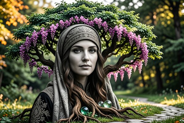 A woman with a tree headdress, blending naturally in a mystical forest setting.