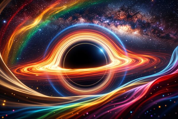 A colorful cosmic scene featuring a swirling black hole surrounded by vibrant, radiant light waves and a starry backdrop.