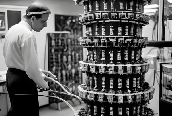 A researcher inspects a complex machine in a laboratory setting.