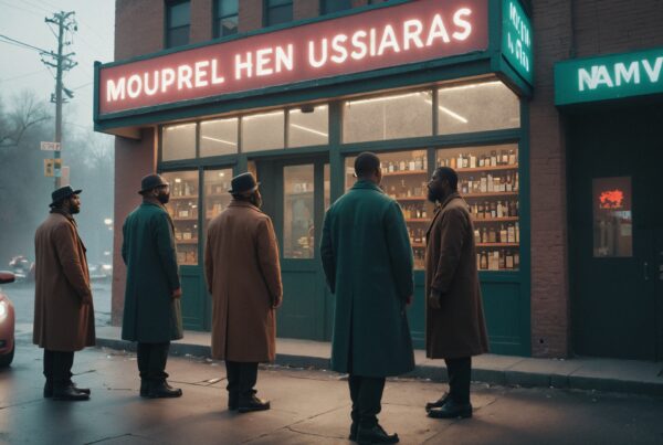 Five men in coats stand outside a shop with neon signs at night.