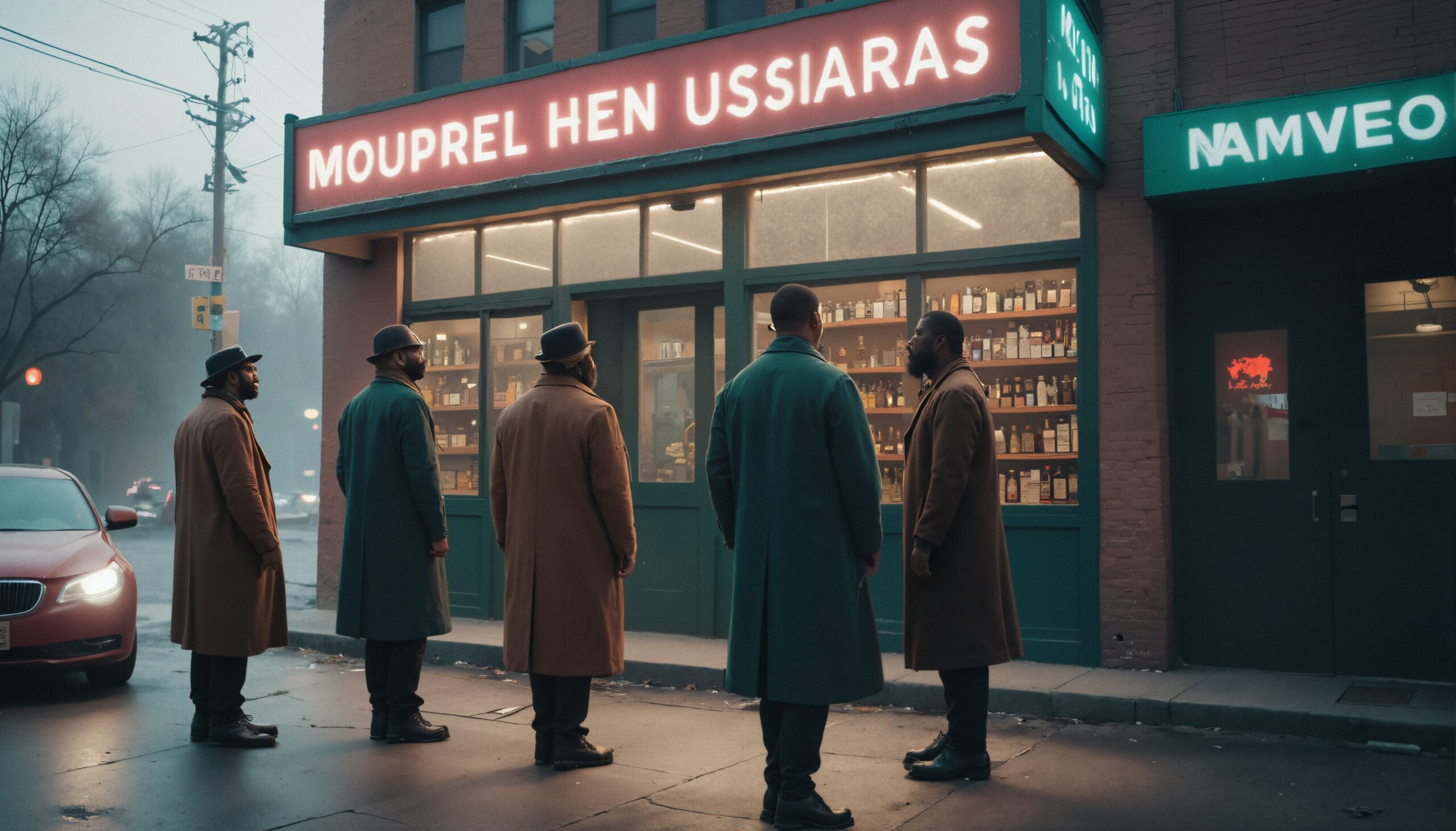 Five men in coats outside shop