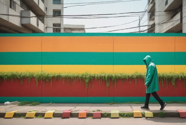 A person walks past a colorful striped wall adorned with green plants in an urban setting.