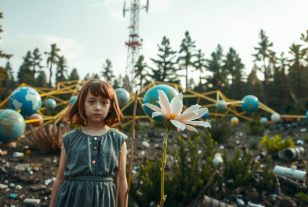 A young girl stands in a forested area with a foreground of a white flower, surrounded by scattered globes, symbolizing the juxtaposition of nature and environmental impact.