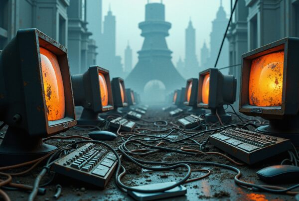 A row of rusted vintage computers glowing in a futuristic cityscape.