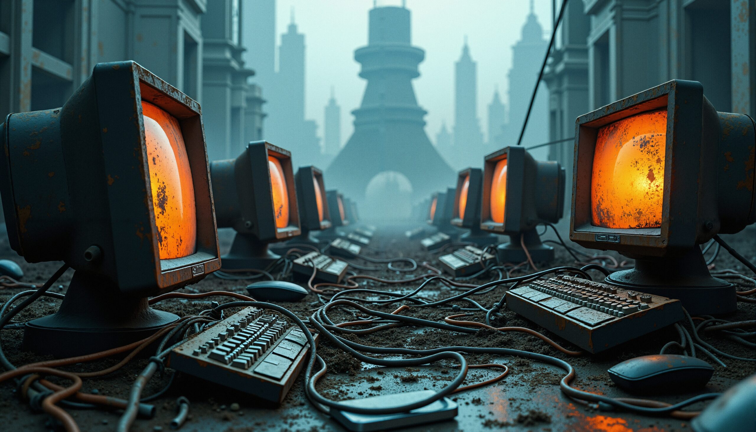 Rusty Computers in Futuristic City