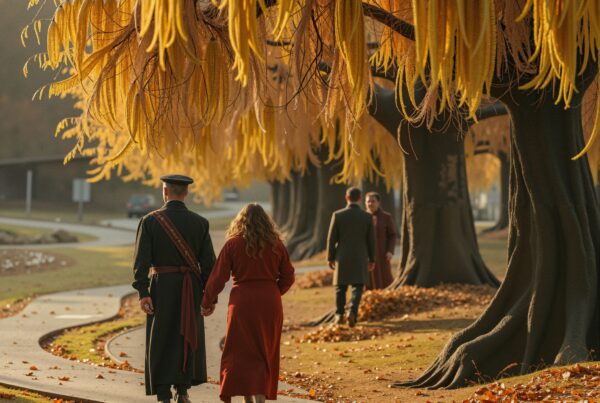 A couple walks arm in arm under vibrant yellow autumn leaves along a scenic path.