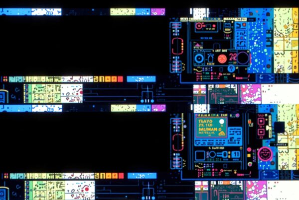 Intricate digital circuit board design with vibrant colors and futuristic elements.