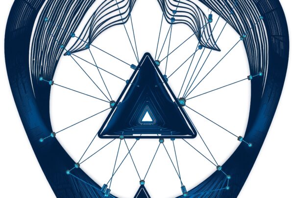 Abstract geometric design with interconnected triangular shape in blue tones.