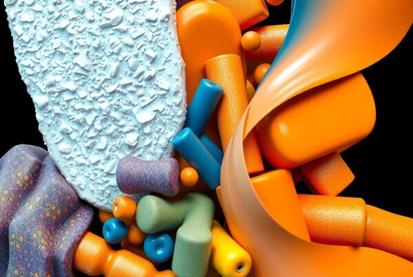 Colorful abstract digital artwork, geometric shapes with textured surfaces and dynamic orange, blue, and white elements.