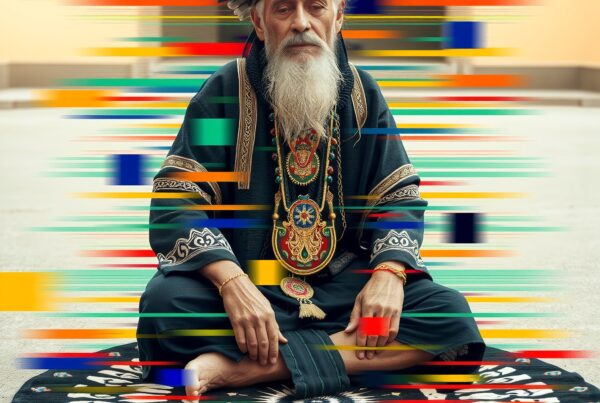 Elderly man in ornate headdress seated on patterned mat with colorful motion blur.