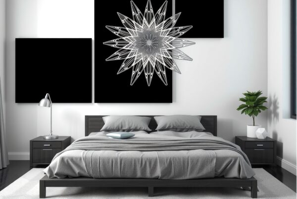 Modern minimalist bedroom with geometric star artwork.