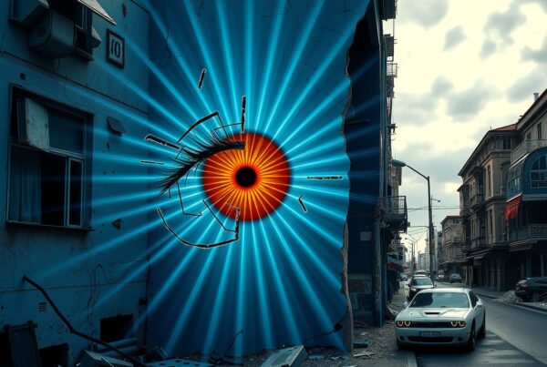 A surreal street with a vibrant eye mural on a building.