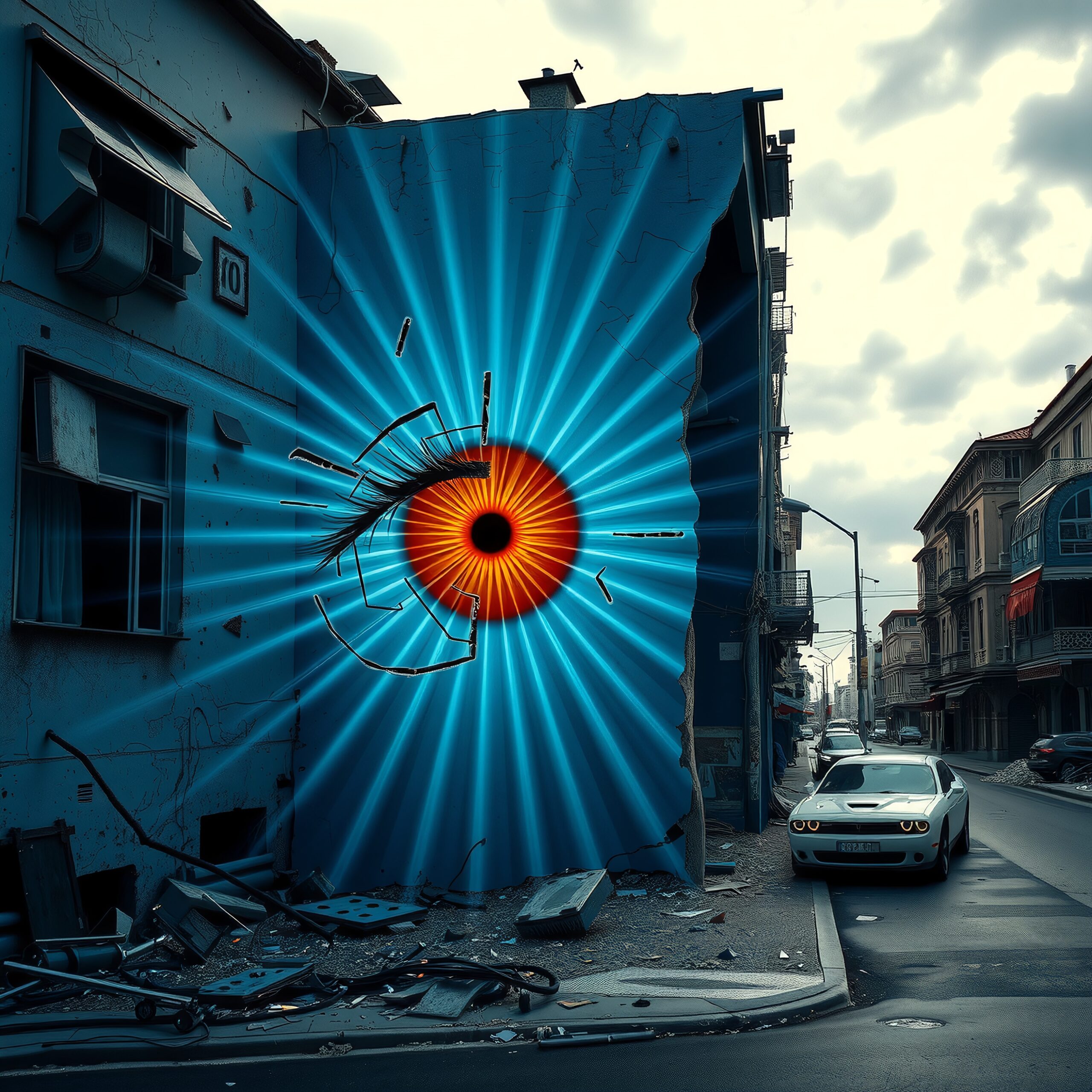 Vibrant eye mural street scene