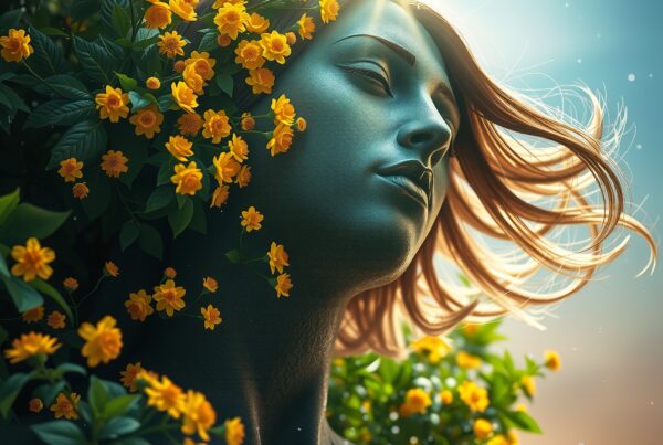 Digital artwork of a serene figure intertwined with vibrant yellow flowers, bathed in warm sunlight.