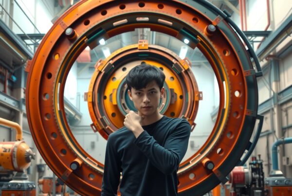 A young man stands confidently in an industrial setting with large orange mechanical rings in the background, providing a modern, futuristic feel.