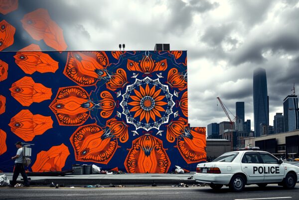 A vibrant street mural against an overcast city skyline, highlighting urban art.