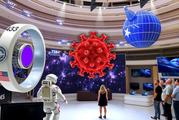 Futuristic exhibition showcasing space and science innovations.