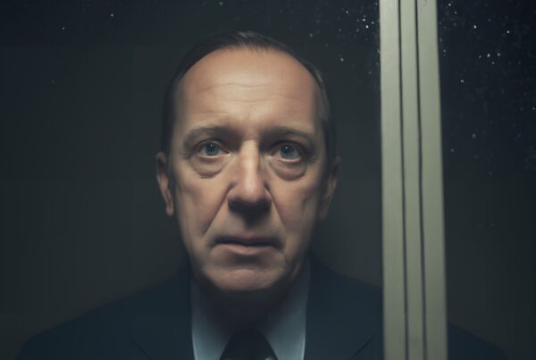 Middle-aged man looking through rain-speckled window, wearing dark suit, with serious expression, evoking introspection and melancholy.