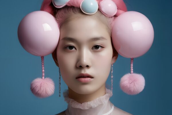 A person with pink hair and spherical ornaments creates a futuristic fashion statement against a blue background.