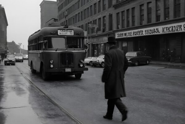 Vintage city street with bus and pedestrian crossing in black and white.