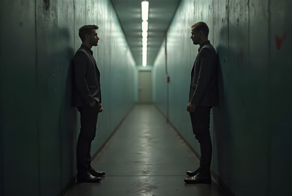 Two men in suits stand facing each other in a narrow, dimly lit corridor with cool tones and dramatic lighting.