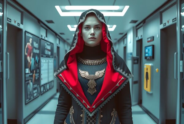 A person in ornate red hooded garment stands in a futuristic corridor with digital panels.