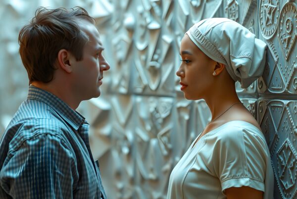 A man and woman standing face-to-face against a geometric patterned wall.