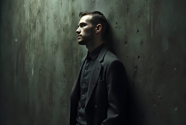 A contemplative man in a dark suit leans against a textured wall.