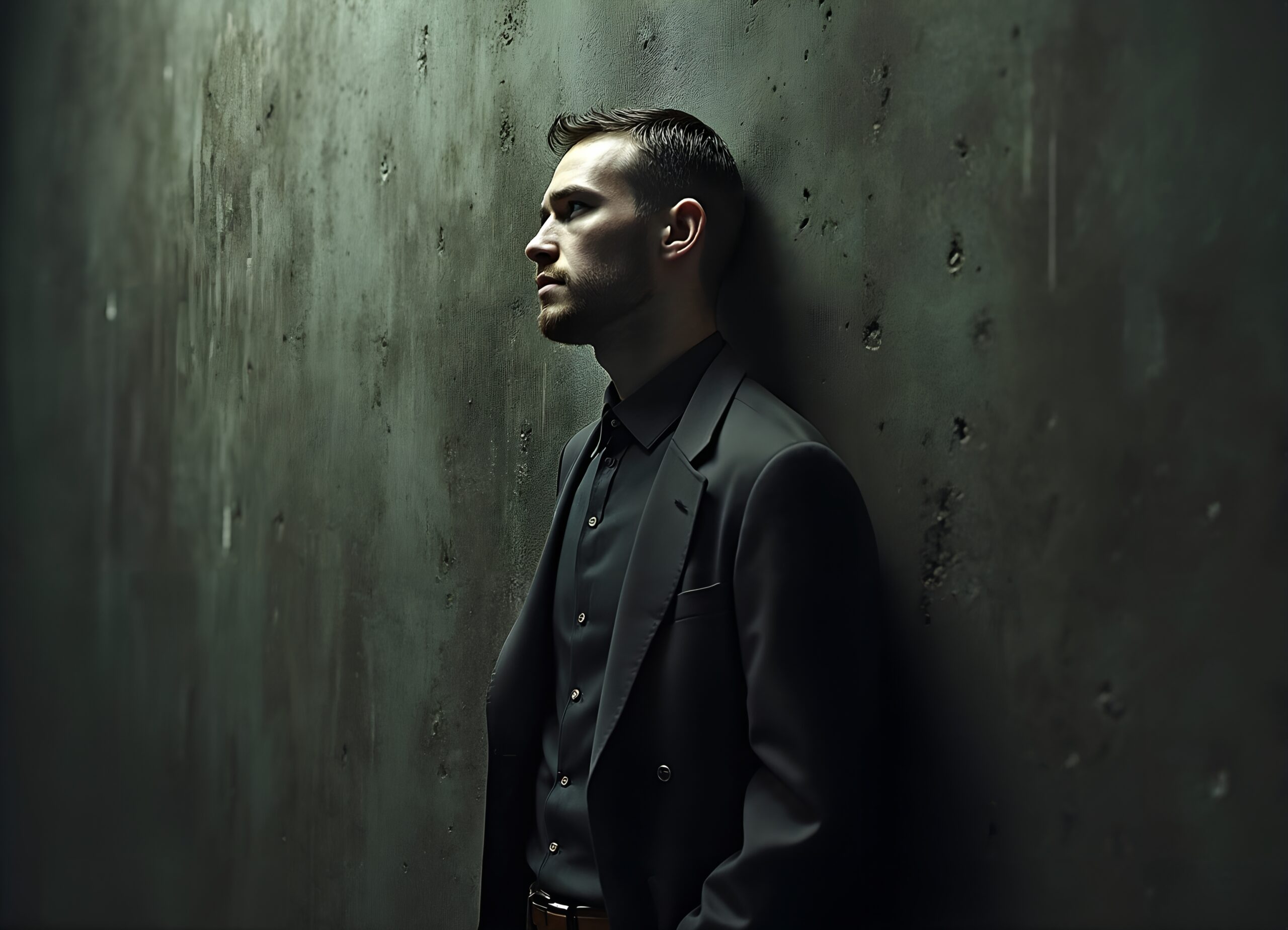 Man Contemplates Against Dark Wall