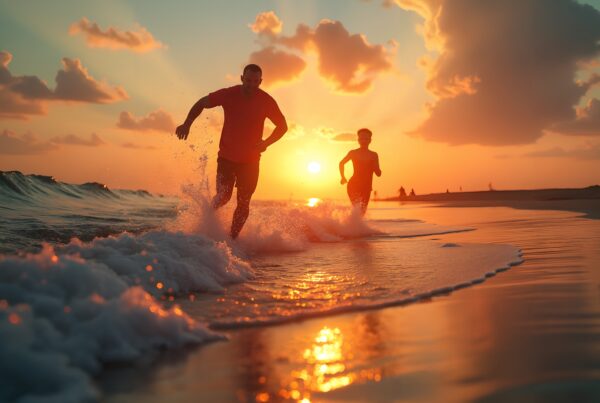 People running on the beach at sunset with vibrant colors.